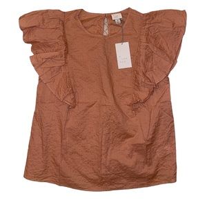 A new day NWT Target brown tan ruffle shoulder blouse women’s size M
